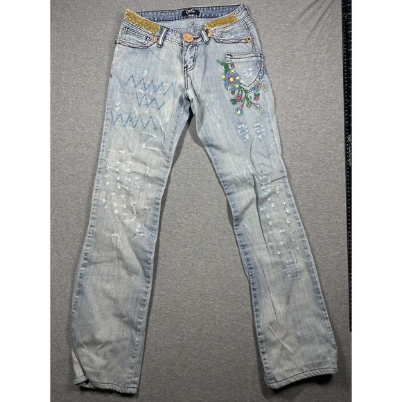 DOLCE AND GABBANA Jeans Designer Floral Embroidered Y2K Distressed Measure 26x30 - Picture 1 of 14